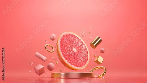 ステージに浮遊するピンクグレープフルーツと黄金の幾何学パーツ / Pink grapefruit and golden geometric parts floating over a stage (Generative AI)