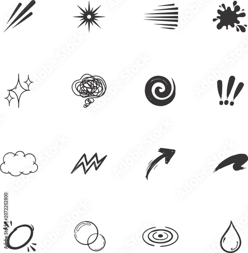 Vector Doodle Elements Set with Hand Drawn Symbols, Scribbles, Arrows, Stars, Speed Lines, Splashes and Abstract Design Accents. Creative Sketch Icons Collection