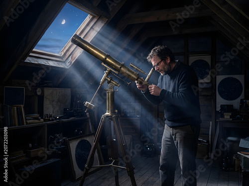 Cinematic moody atmosphere with astronomer in attic telescope