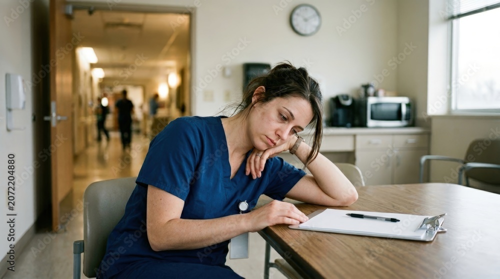 Fototapeta premium Tired nurse resting in hospital break room during shift