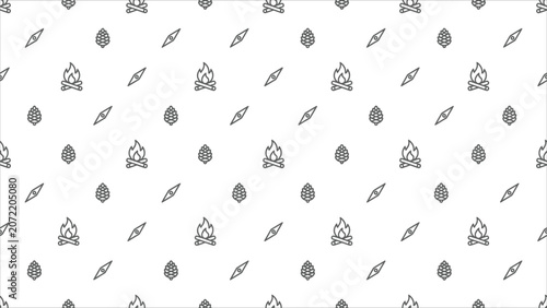 Outdoor camping bonfire and pinecone matrix ditsy geometric line art seamless pattern.