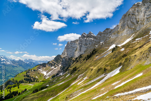 Sharp limestone ridge above green alpine meadows