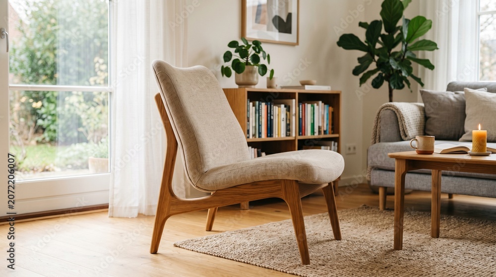 Fototapeta premium Modern scandinavian living room interior with beige accent chair