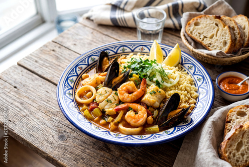 Moroccan seafood couscous with shrimp and calamari