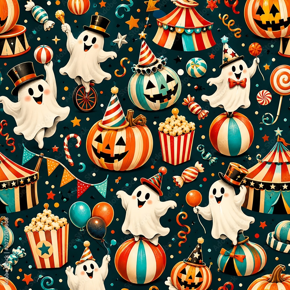 Fototapeta premium Cute Halloween Circus Seamless Pattern with Funny Ghosts, Jack-o'-Lantern Pumpkins, Popcorn, Candy and Carnival Tents on Dark Background