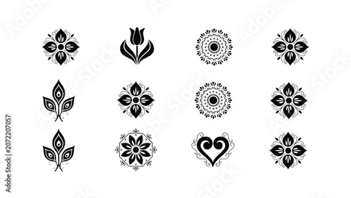 set of black and white floraland mandalas symbols