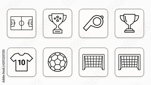 Soccer sport icons set with balls jerseys goals and trophies