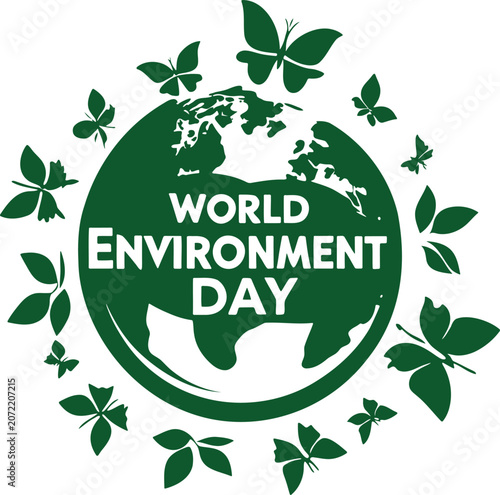World Environment Day logo with green globe and butterflies isolated on white background