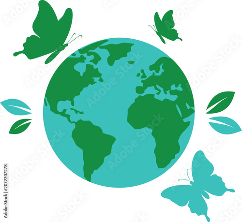 Earth globe with green butterflies and leaves isolated on white background