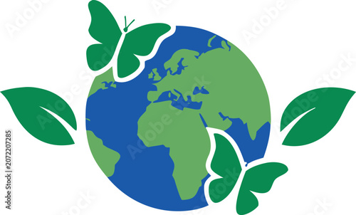 Earth globe with green leaves and butterflies icon isolated on white background
