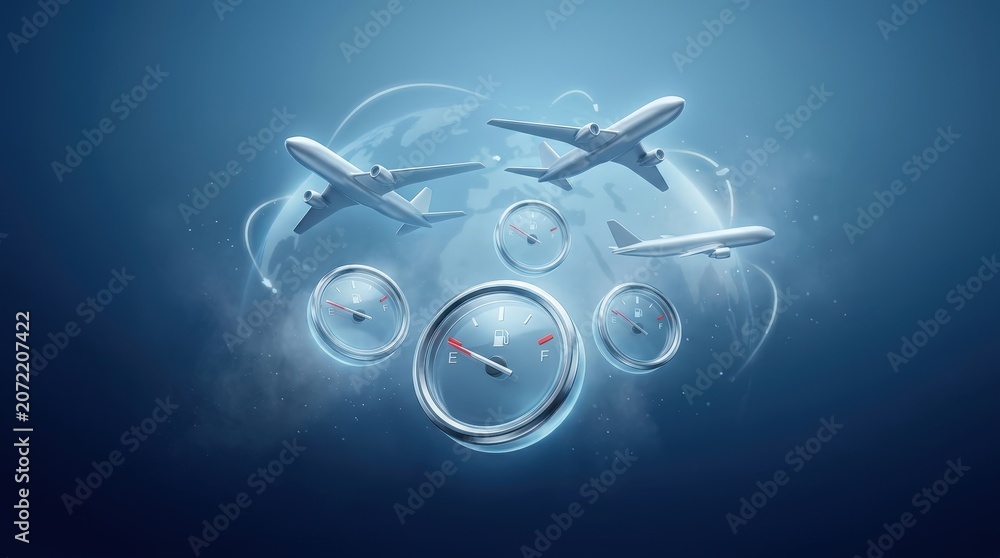 Fototapeta premium Silver Aircraft Flying Above Fuel Gauges on Blue Abstract Background