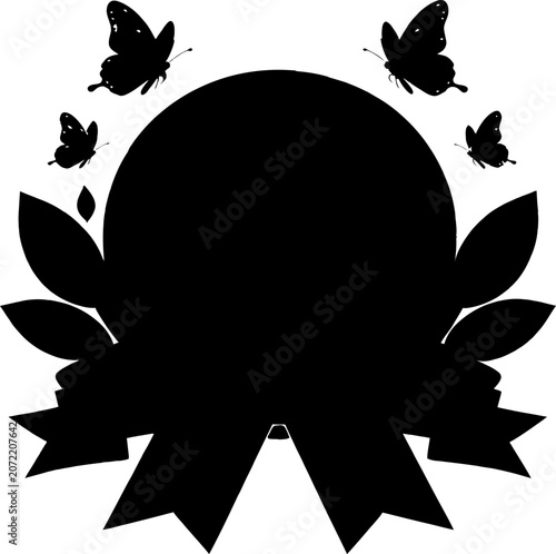 Black badge emblem with leaves and flying butterflies isolated on white background