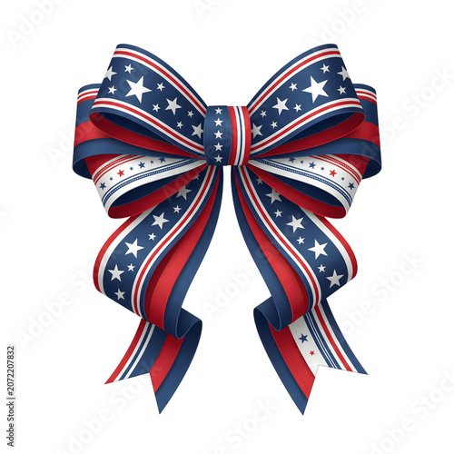 Patriotic ribbon bow with stars isolated on transparent background