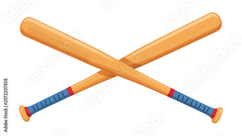 Two baseball bats crossed over each other with blue and red handles