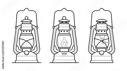 Three kerosene lanterns with different glass conditions shown in line art style