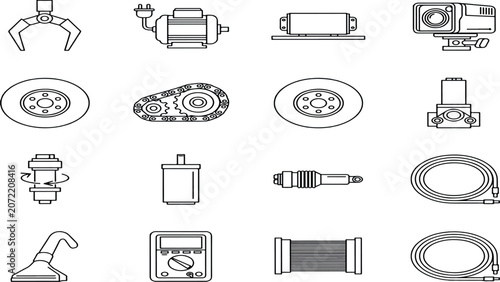 Various car parts and tools on a white background