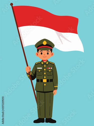 Boy in Indonesian Army Uniform Holding Flag vector Illustration