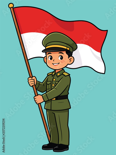 Boy in Indonesian Army Uniform Holding Flag Illustration