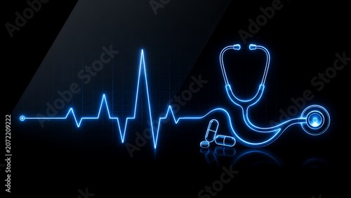 Neon Stethoscope with pills, ECG Heartbeat Pulse Line on Dark Medical Background