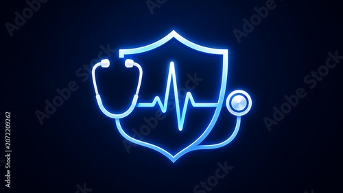 Neon Medical Insurance Shield Icon with Stethoscope and ECG Heartbeat Line on Dark Blue Background