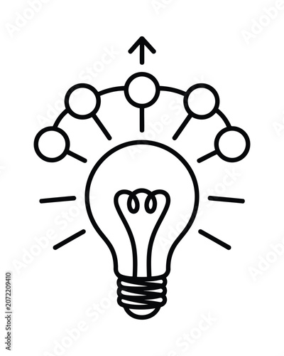 Light bulb with connected circles and upward arrow, innovation and strategy