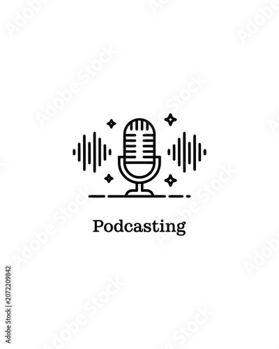 Podcasting featuring a microphone with sound waves and decorative stars