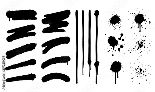 Photos Black spray paint brush strokes and drips, urban graffiti splatter elements vect