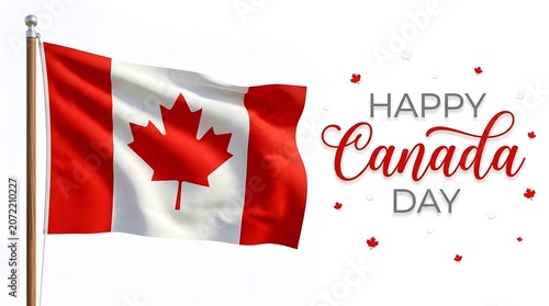 Canada day celebration waving canadian flag with maple leaf and festive typography