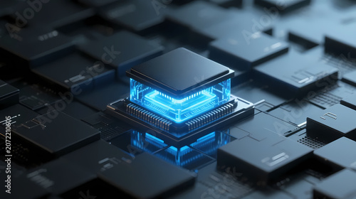 Glowing blue cube chip in dark tech array