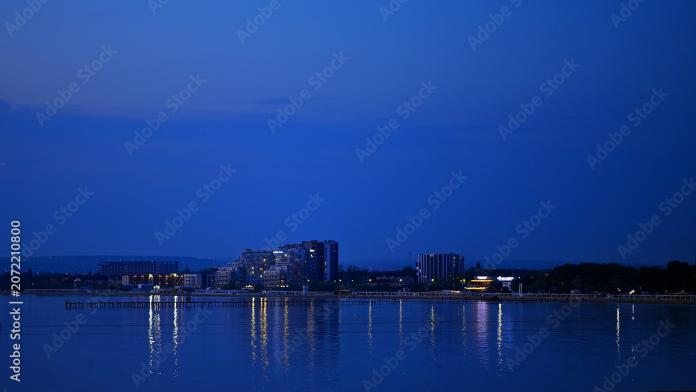 Fototapeta premium An evening view of the beaches and hotels at the beginning of Pionersky Prospekt in Anapa.