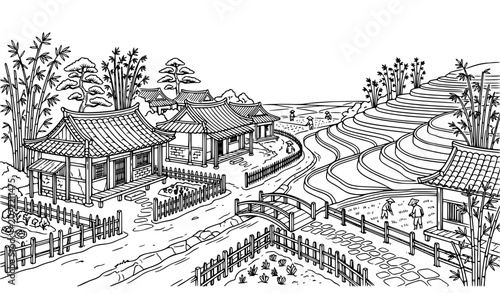 Tableau sur toile Black and white traditional Asian village with rice fields cottages and nature l