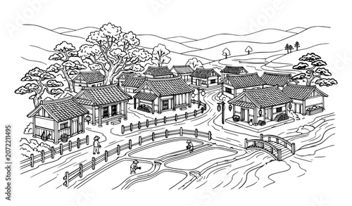 Photos Black and white Asian village scene with traditional houses trees and countrysid