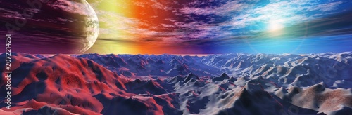 Slika na platnu Alien landscape, alien sunset, alien surface under formidable clouds, sunrise on