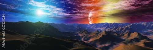 Fotografija Alien landscape, alien sunset, alien surface under formidable clouds, sunrise on