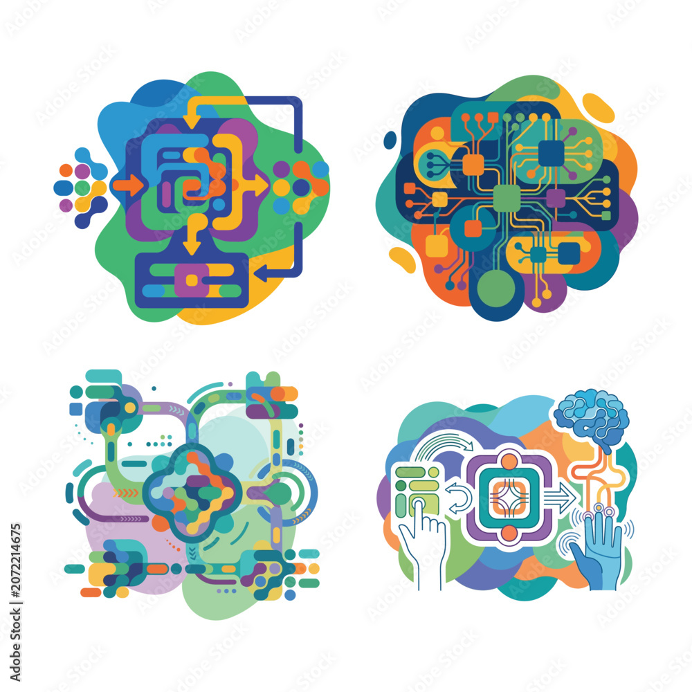 Fototapeta premium Abstract Data Flow Illustrations Set Representing Artificial Intelligence and Neural Networks