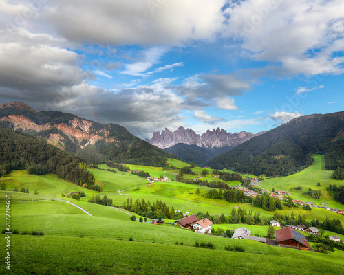 Gorgeous scene of magnificent Santa Maddalena village in Dolomites.