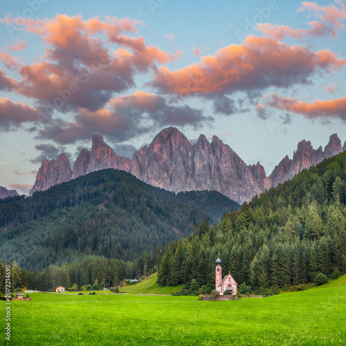 Gorgeous scene of magnificent Santa Maddalena village in Dolomites.