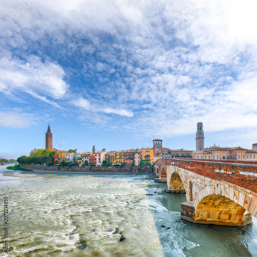 Gorgeous View of Verona cityscape view on the riverside with historical buildings ,bridges and towers
