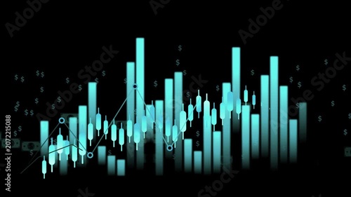 Stylized financial chart with candlesticks animation, bar graphs and line plot on black background