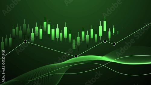 Stylized financial chart with candlesticks animation, connected line graph nodes and flowing wave overlays