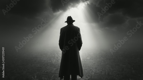 Man in trench coat and fedora hat standing before glowing light in dark sky.