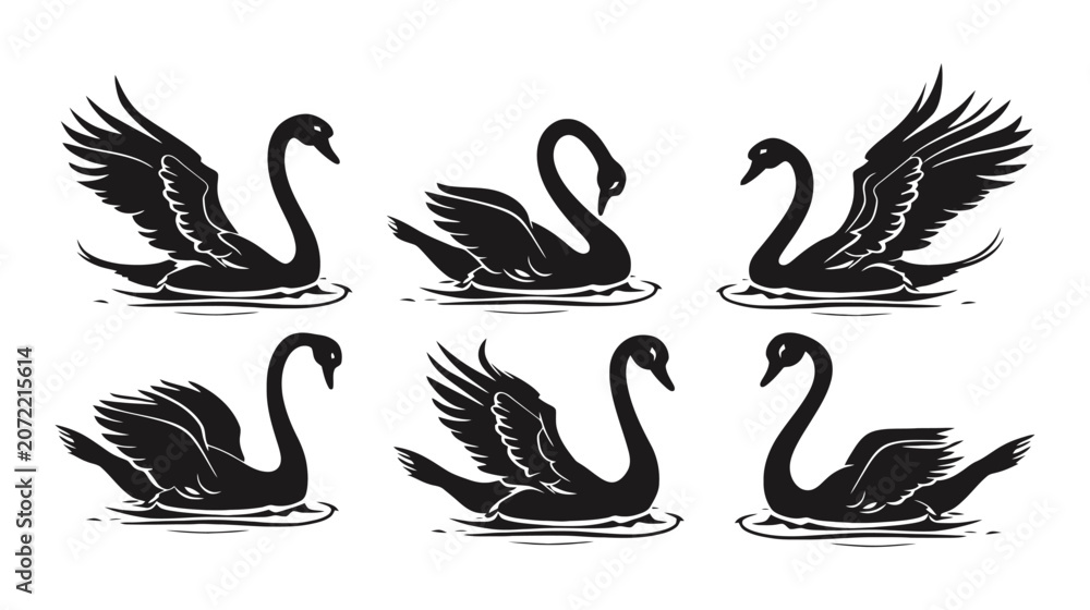 Obraz premium Black swan silhouette vector set, elegant waterfowl icons in various poses, 6 graceful bird illustrations for logo design and branding