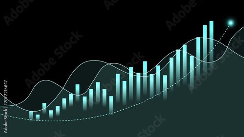 Abstract financial chart with rising bar graph and flowing wave lines animation