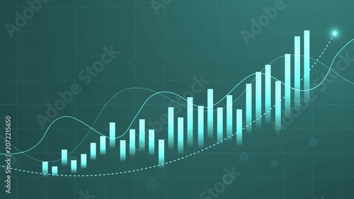 Stylized financial growth chart with rising bar graph, curved trend lines glowing data point animation