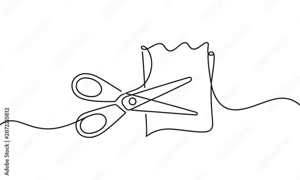 Obraz premium Continuous single line of a pair of metal scissors cutting a piece of paper, office stationery and craft tool, isolated on a white background, minimalist black ink