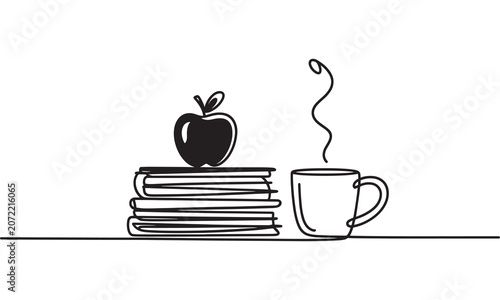 Continuous single line of a stack of books with a fresh apple on and a steaming cup of coffee or tea next to it, isolated on a white background, back to school concept