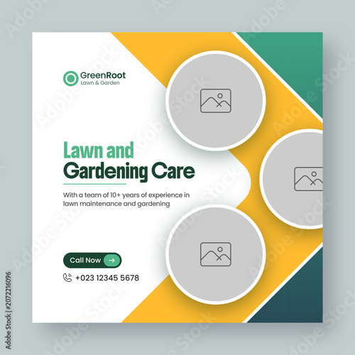 Lawn care & landscaping service social media post template, garden maintenance instagram banner, grass cutting, mowing service promotion design