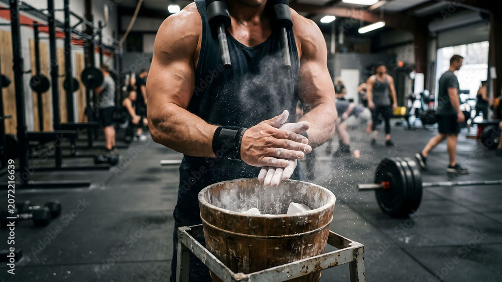 Obraz premium Close-up of a bodybuilder applying white chalk on hands before lifting heavy weights in a gym