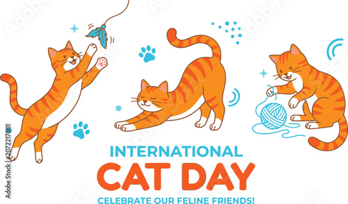 Εκτύπωση καμβά International cat day illustration with playful orange tabby cats and toys