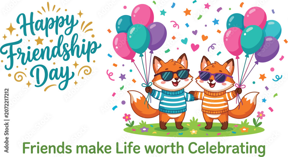 Naklejka premium Happy friendship day illustration two foxes with balloons and festive decorations